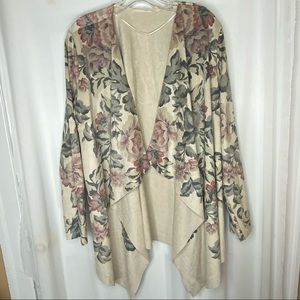 Soft Surroundings Floral Suede Waterfall Cardigan Tan Background sz XL Boho Chic